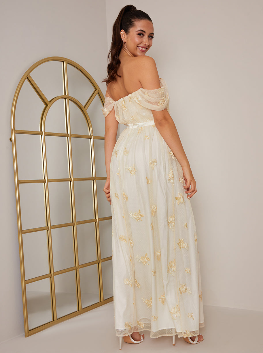 Chi Chi Bardot Embroidered Floral Lace Maxi Dress in Cream, Size 8 Chi Chi Bardot Embroidered Floral Lace Maxi Dress in Cream, Size 8