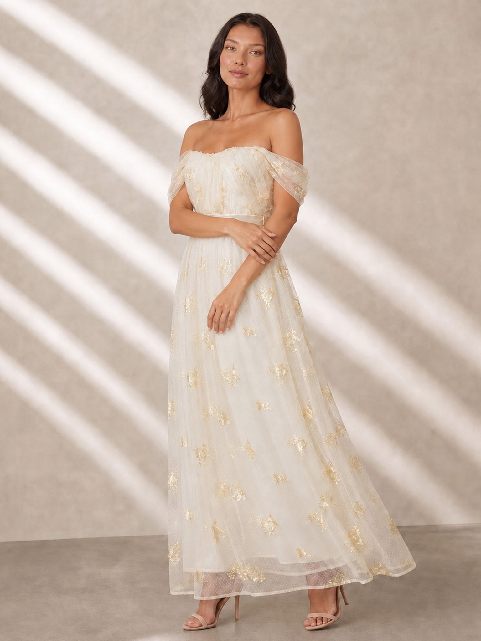 Chi Chi Bardot Embroidered Floral Lace Maxi Dress in Cream, Size 8