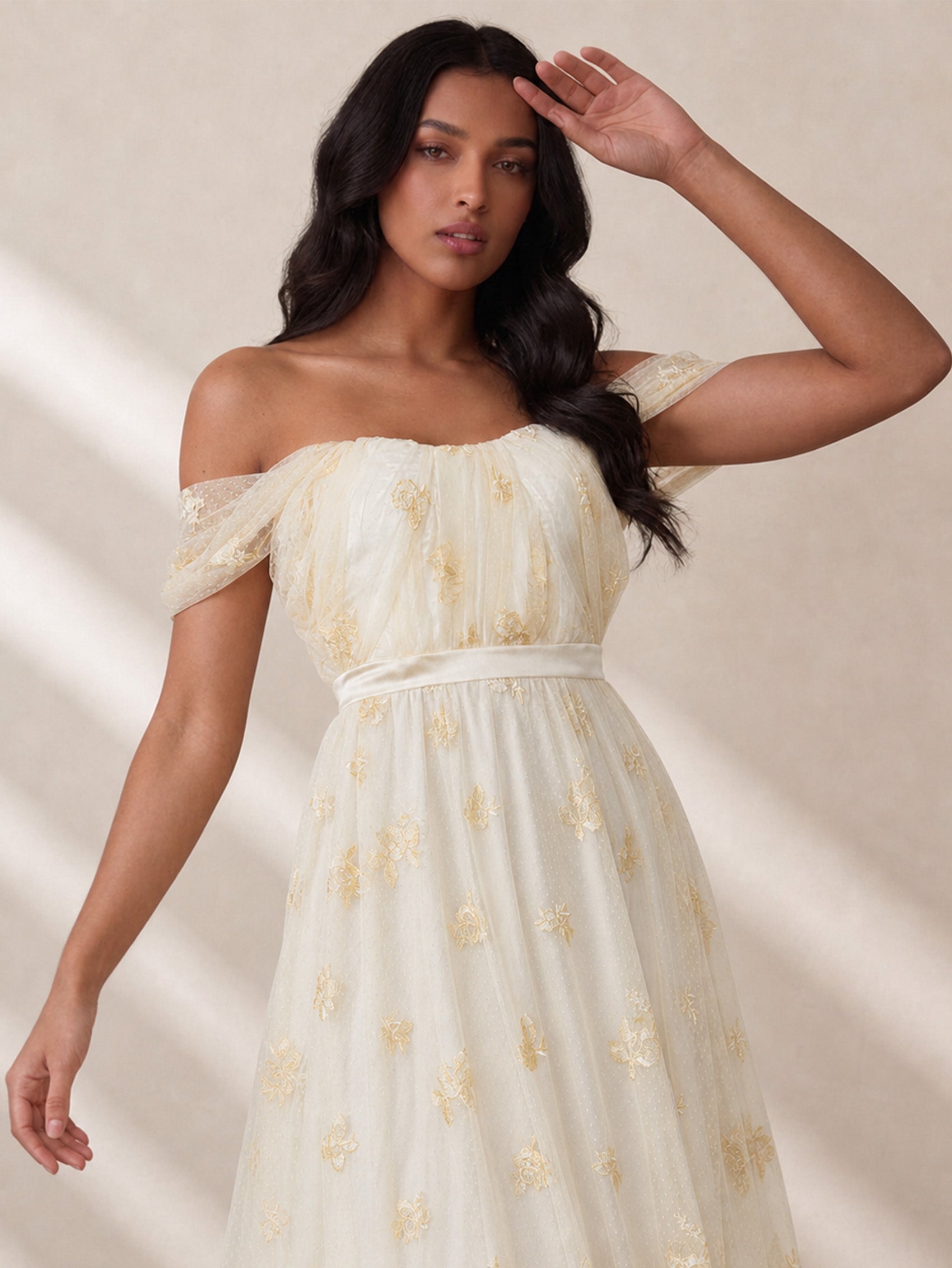 Bardot Embroidered Floral Lace Maxi Dress in Cream