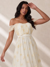 Bardot Embroidered Floral Lace Maxi Dress in Cream