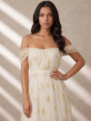 Bardot Embroidered Floral Lace Maxi Dress in Cream