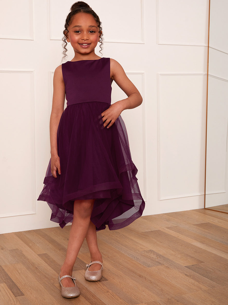 Girls Tulle Layered Midi Dress in Berry