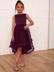 Girls Tulle Layered Midi Dress in Berry