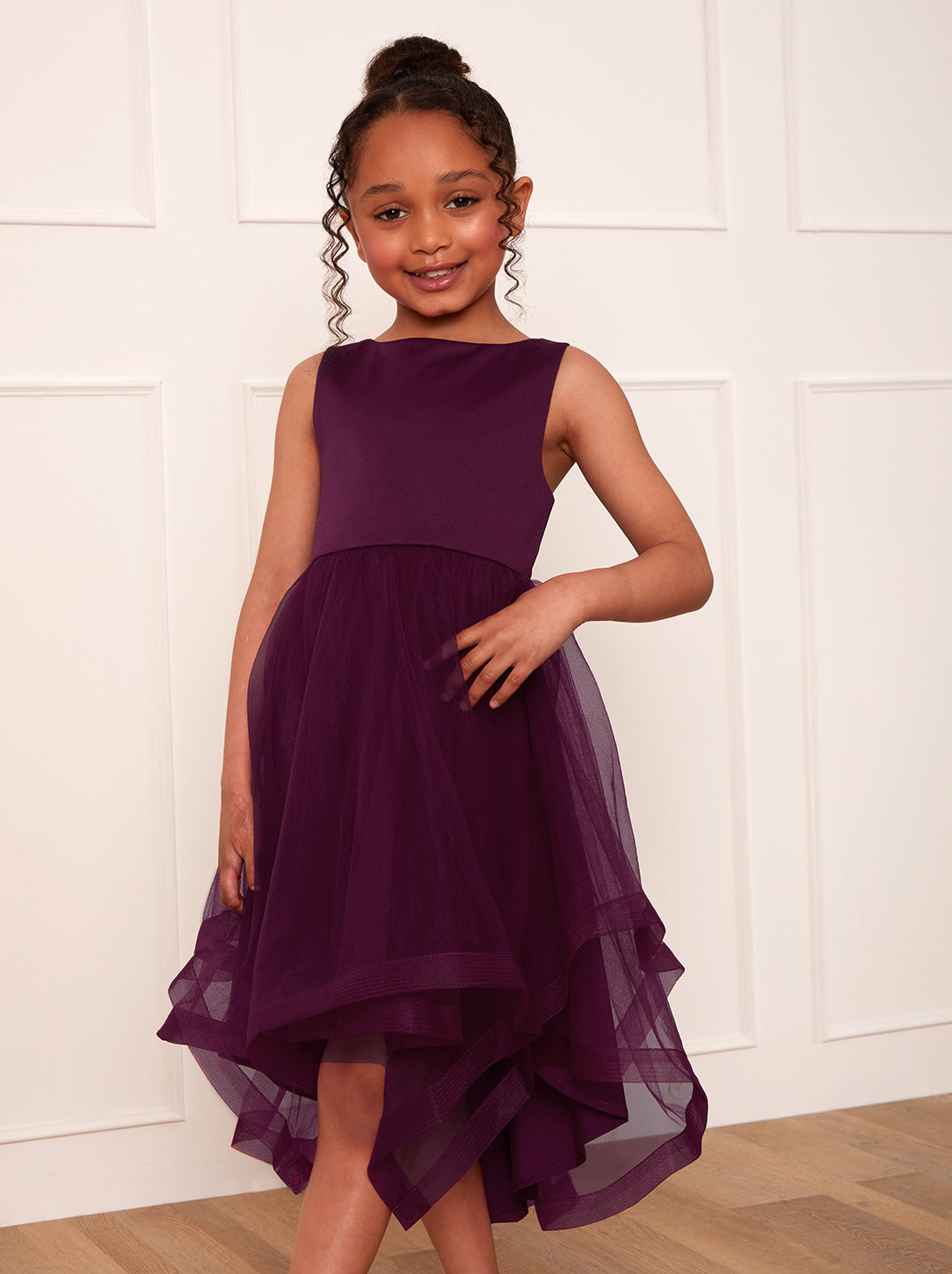 Girls Tulle Layered Midi Dress in Berry