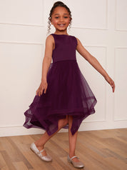 Girls Tulle Layered Midi Dress in Berry