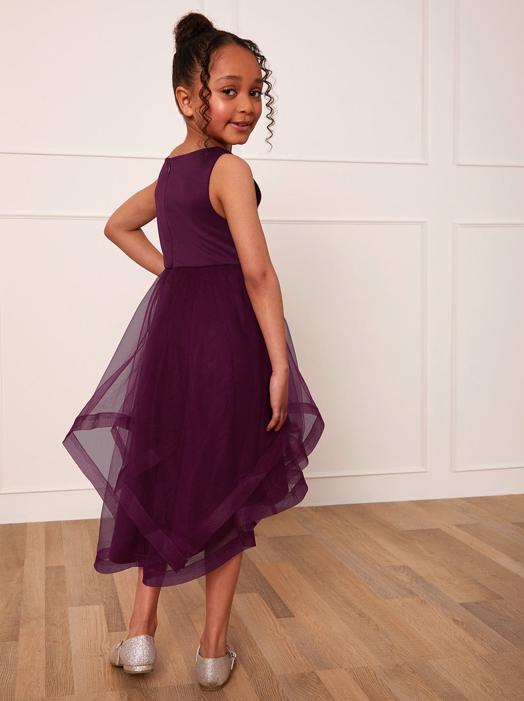 Girls Tulle Layered Midi Dress in Berry