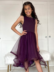 Girls Tulle Layered Midi Dress in Berry