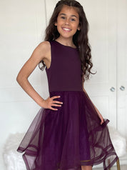 Girls Tulle Layered Midi Dress in Berry
