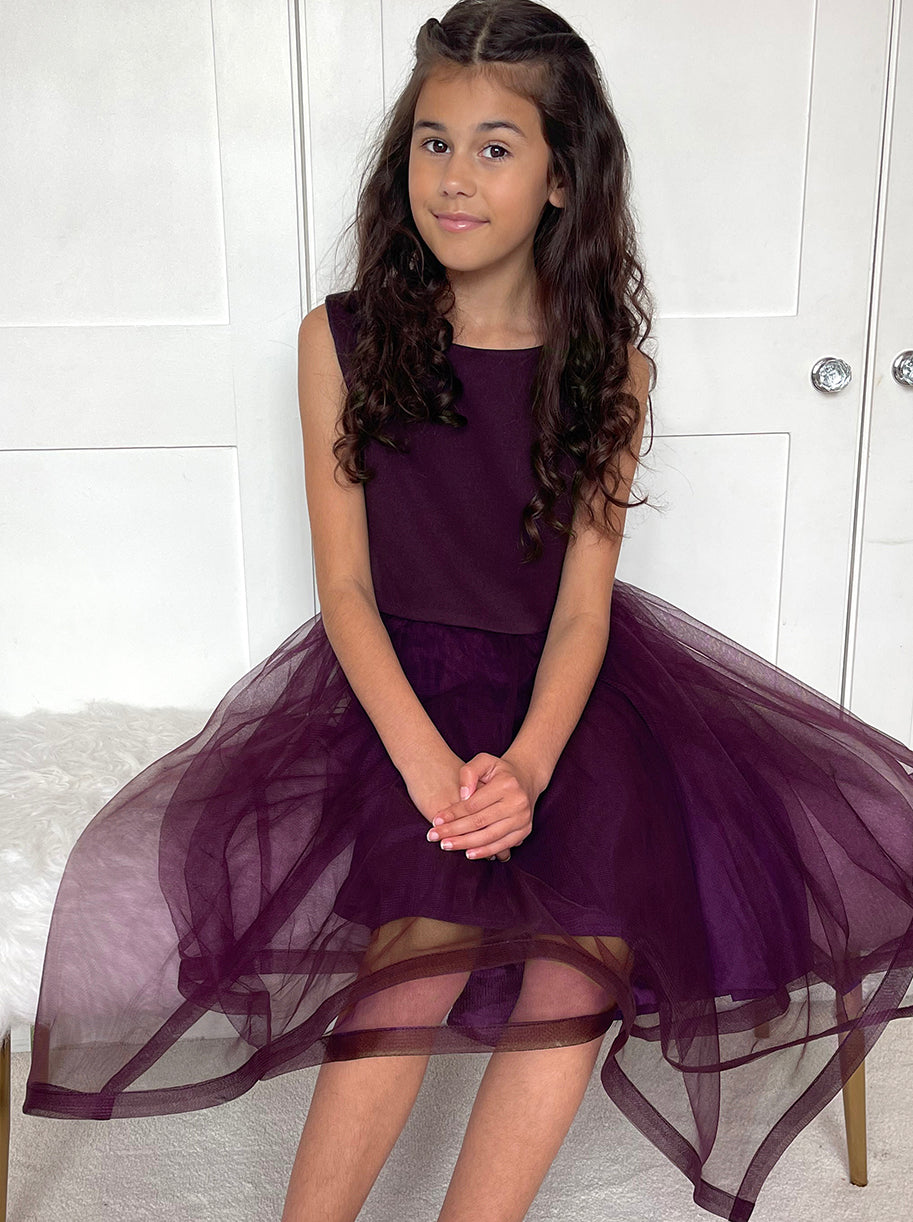 Girls Tulle Layered Midi Dress in Berry