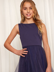 Older Girls Tulle Layered Midi Dress in Navy