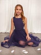 Older Girls Tulle Layered Midi Dress in Navy