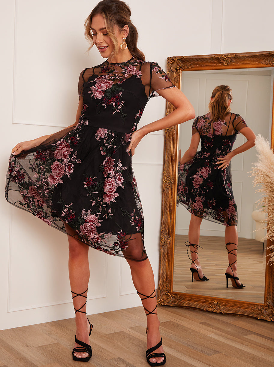 Floral Embroidered Overlay Midi Dress in Black | Chi Chi London UK Floral Embroidered Overlay Midi Dress in Black | Chi Chi London UK