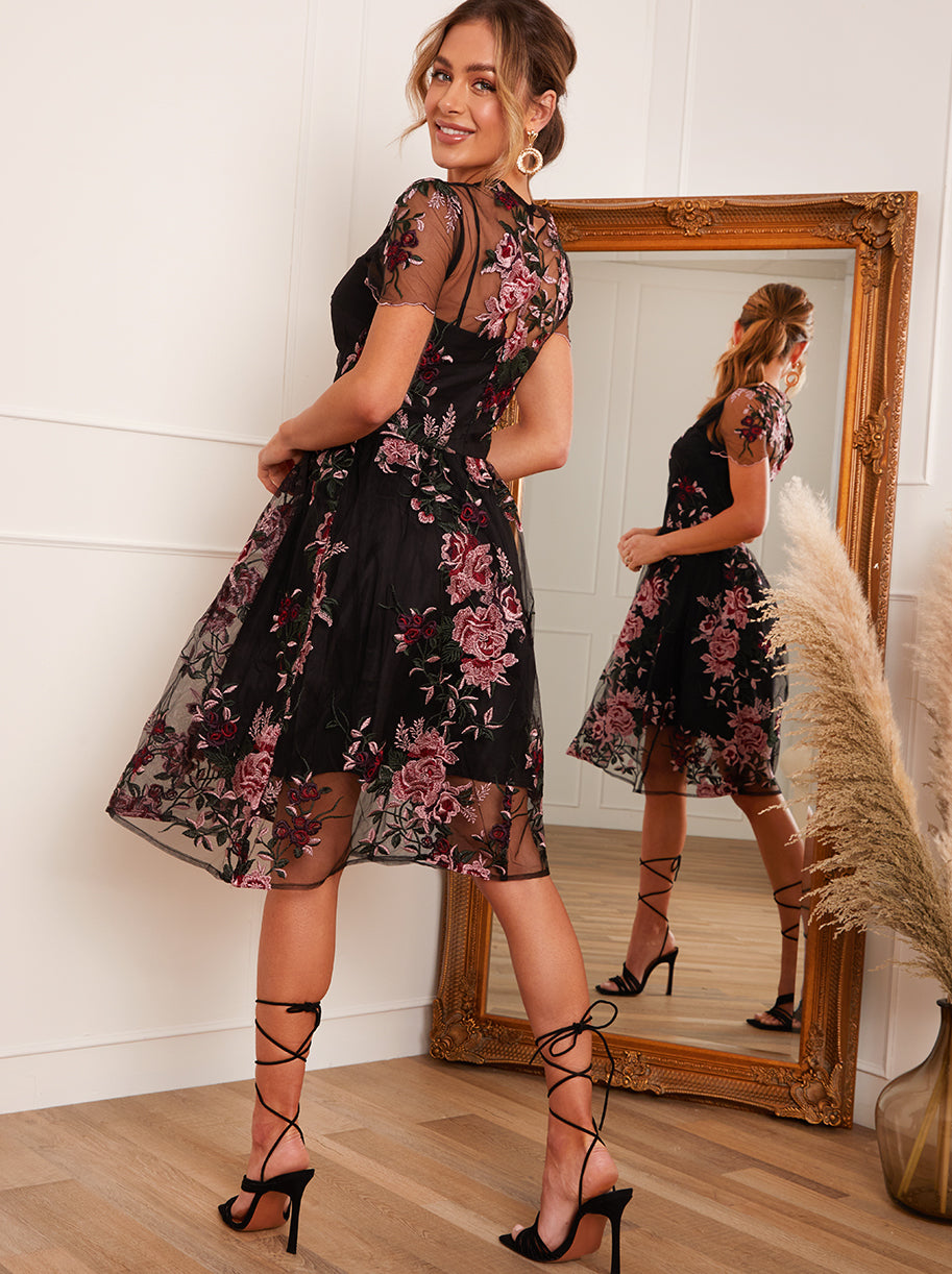 Floral Embroidered Overlay Midi Dress in Black