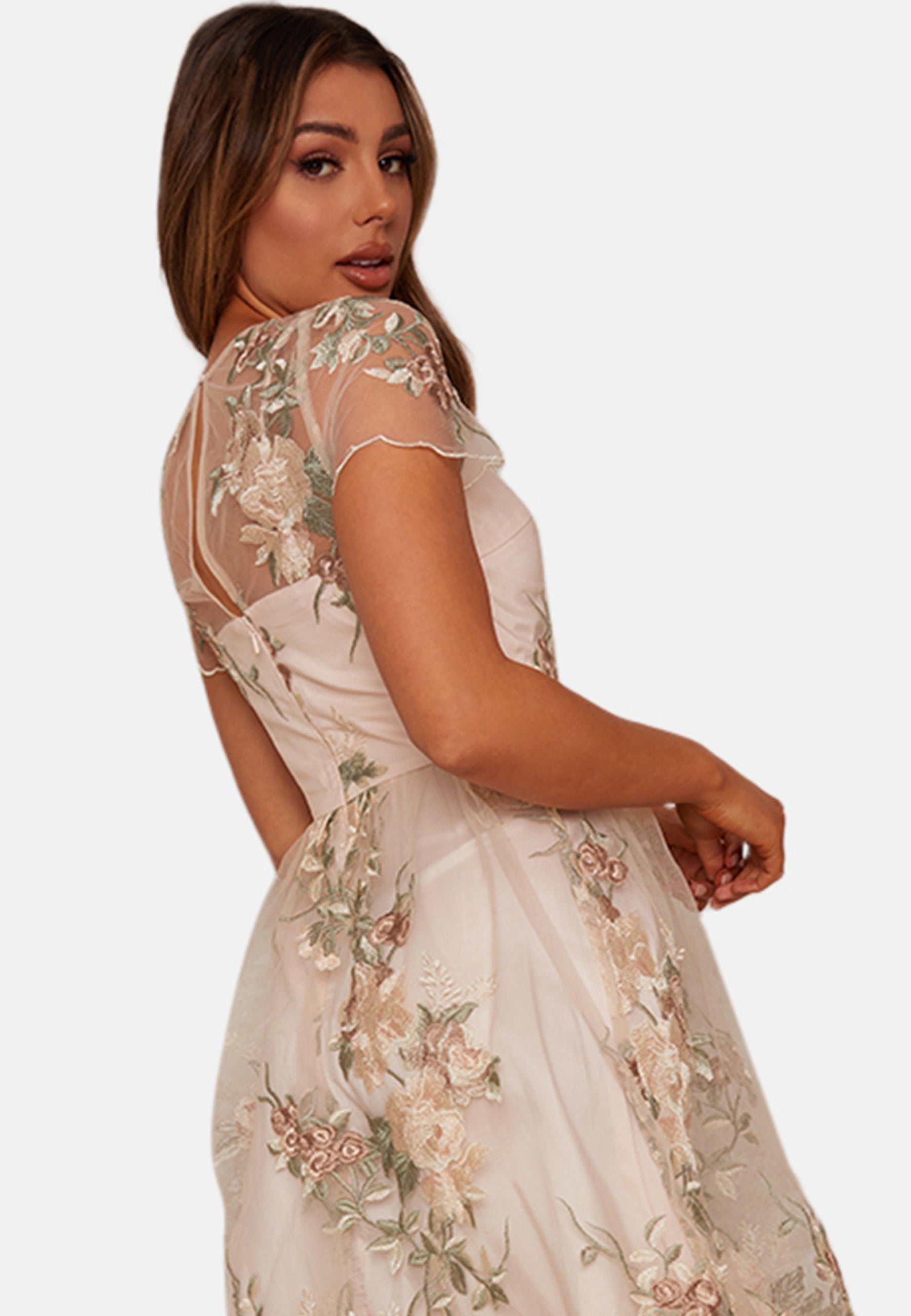 Floral Embroidered Mesh Overlay Midi Dress in Nude | Chi Chi London UK Floral Embroidered Mesh Overlay Midi Dress in Nude | Chi Chi London UK