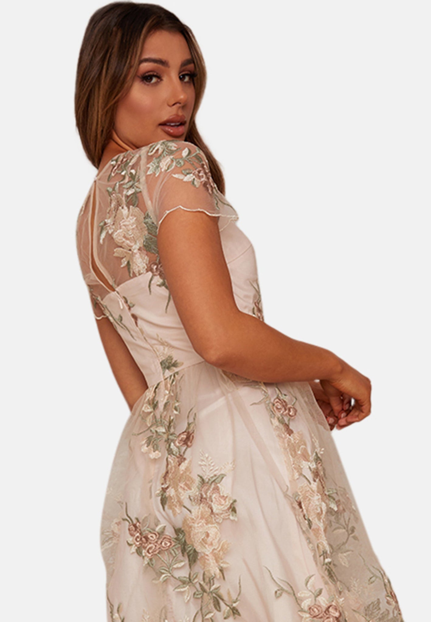 Floral Embroidered Mesh Overlay Midi Dress in Nude | Chi Chi London UK Floral Embroidered Mesh Overlay Midi Dress in Nude | Chi Chi London UK