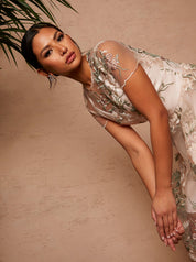 Floral Embroidered Mesh Overlay Midi Dress in Nude