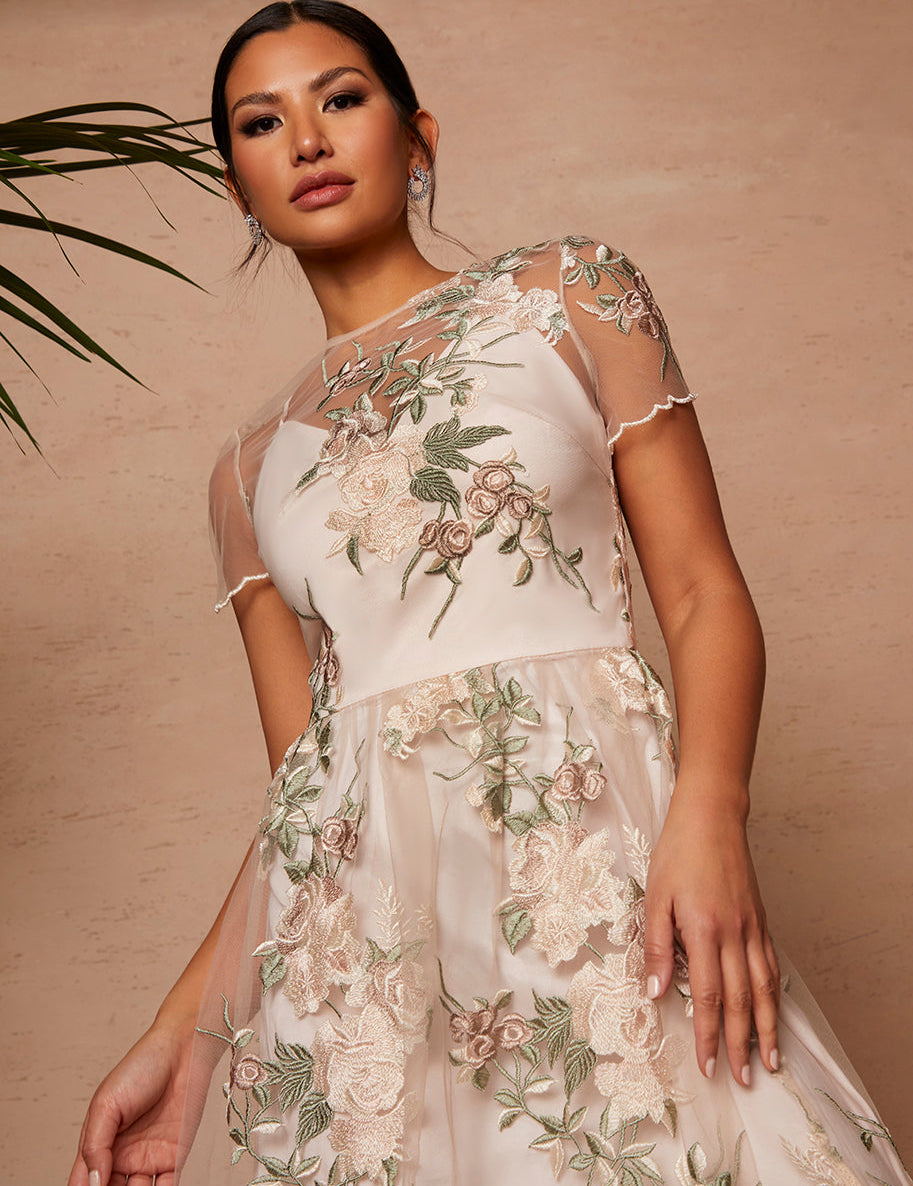 Floral Embroidered Mesh Overlay Midi Dress in Nude