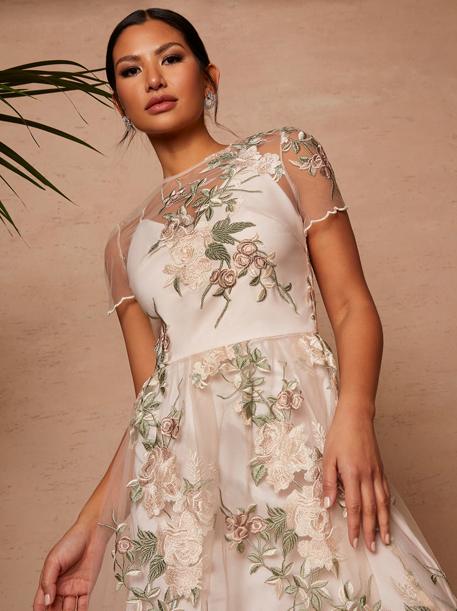 Floral Embroidered Mesh Overlay Midi Dress in Cream