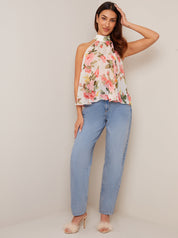 High Neck Floral Chiffon Top in White