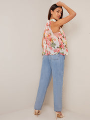 High Neck Floral Chiffon Top in White