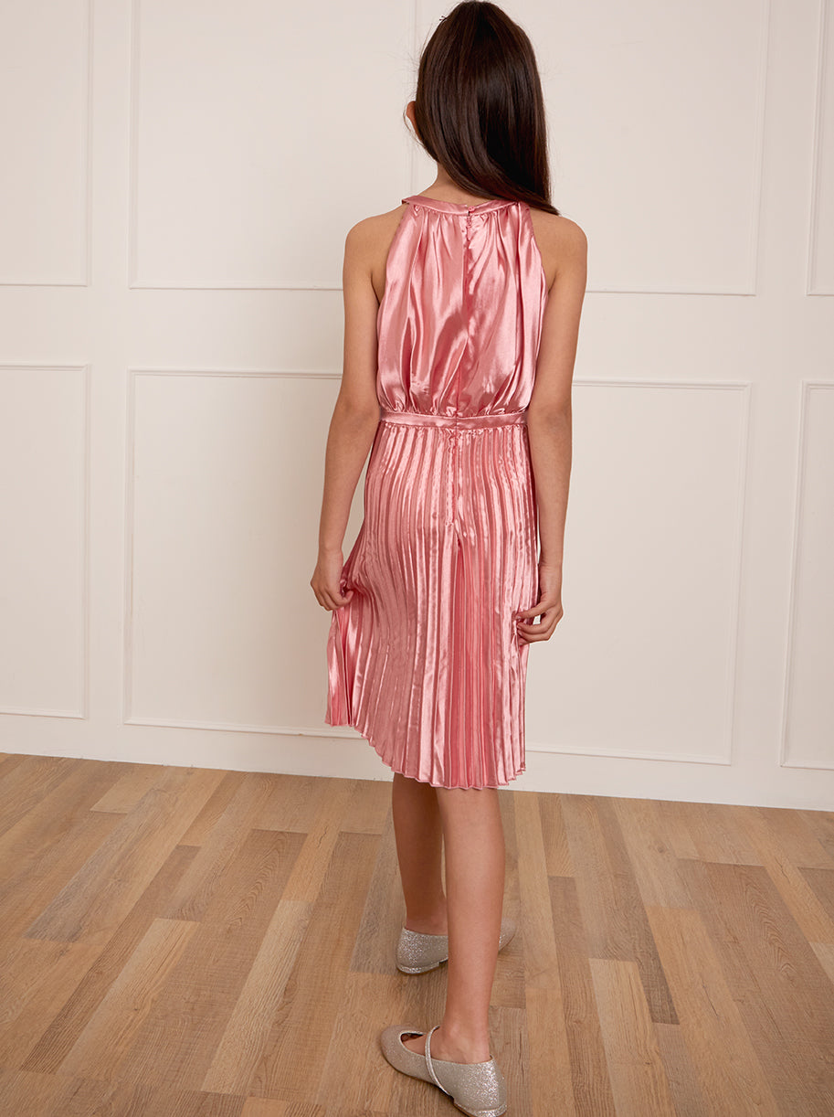 Older Girls Halter Style Pleated Midi Dress in Pink