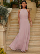 Halter Neck Pleated Maxi Dress in Pink