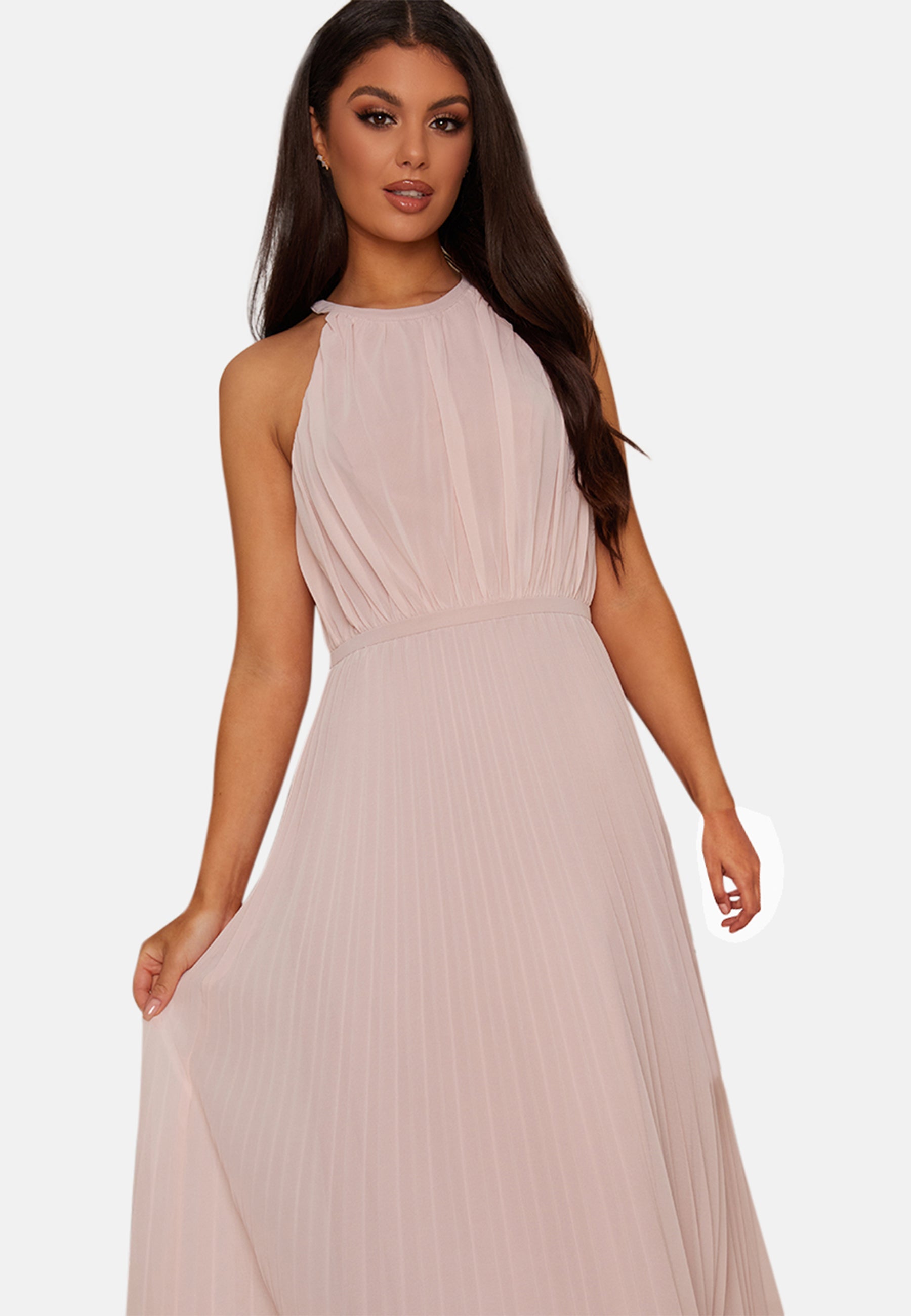 Halter Neck Pleated Maxi Dress in Pink