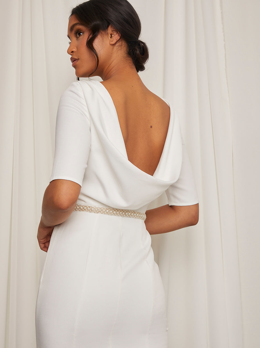 Mid Sleeve Embellished Maxi Wedding Dress in White