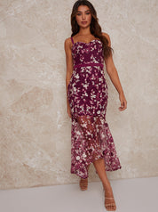 Peplum Embroidered Lace Bodycon Dress in Purple