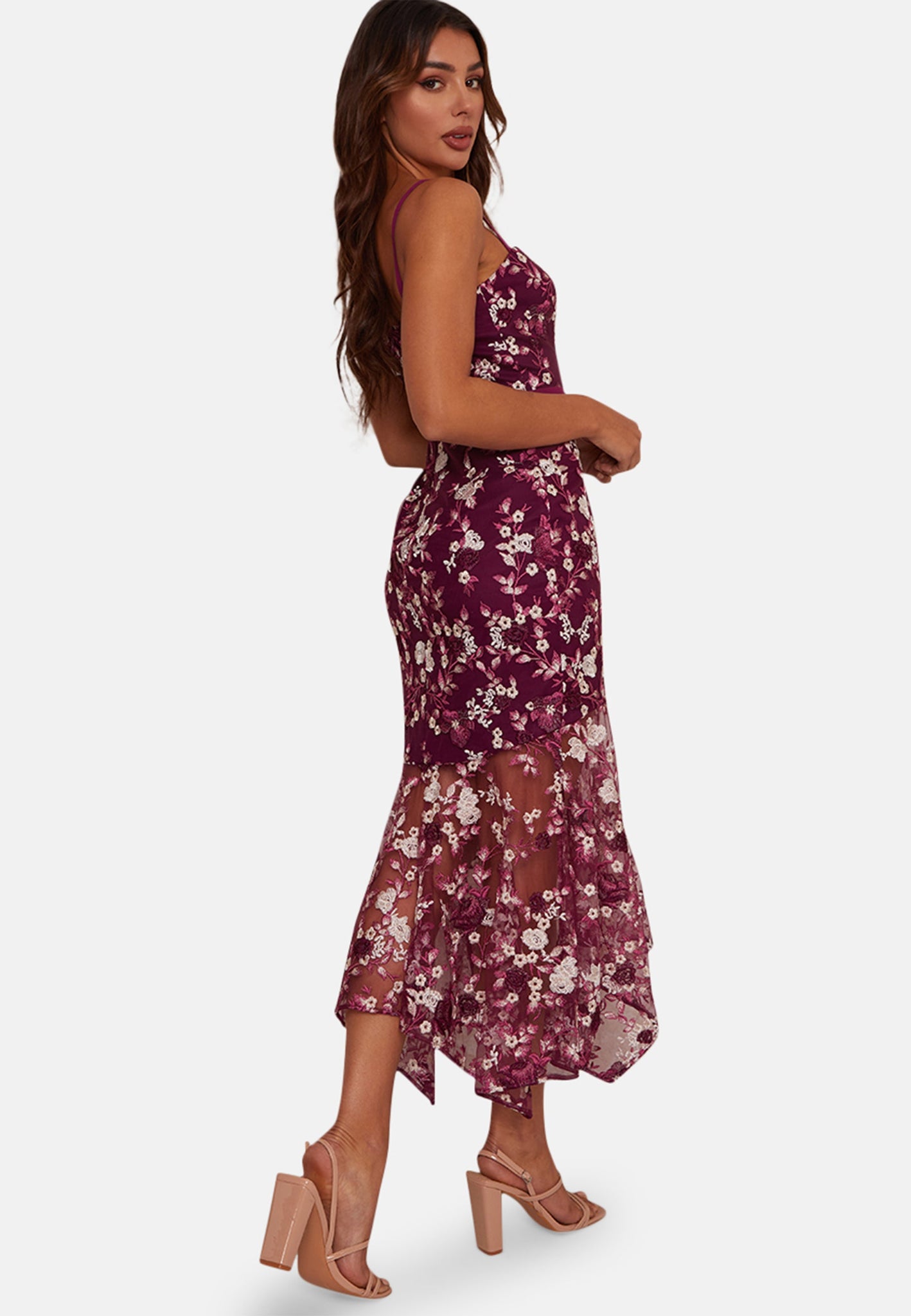 Peplum Embroidered Lace Bodycon Dress in Purple