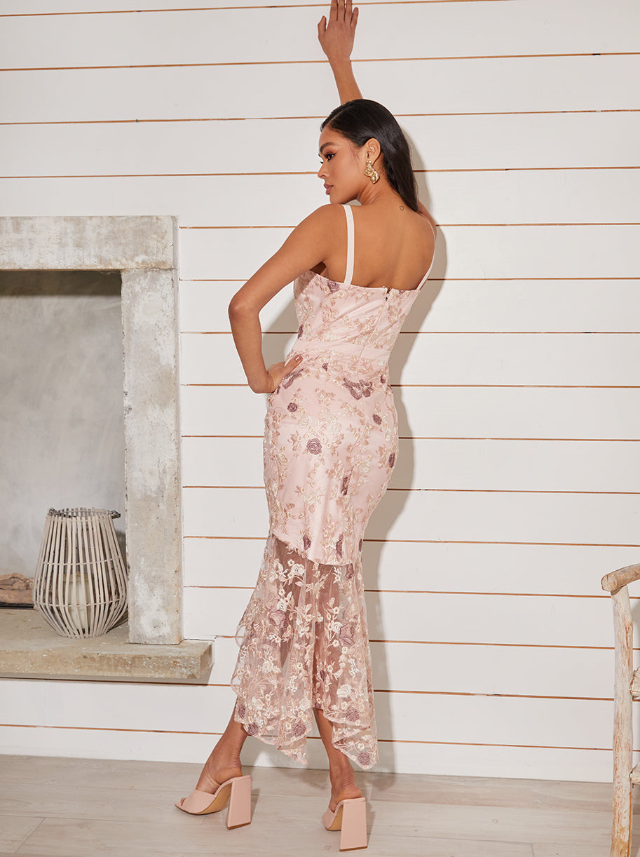 Peplum Embroidered Lace Bodycon Dress in Mink
