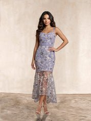 Peplum Embroidered Lace Bodycon Dress in Blue