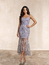 Peplum Embroidered Lace Bodycon Dress in Blue