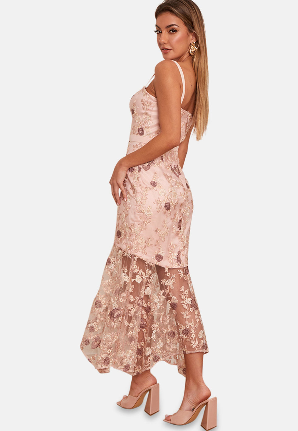 Peplum Floral Embroidered Lace Bodycon Dress in Pink
