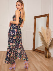 Petite Cami Strap Floral Lace Bodycon Ruffle Hem Dress in Navy