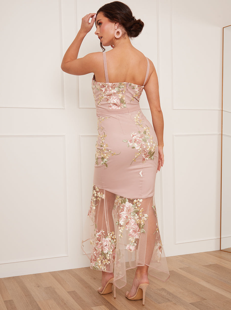 Petite Peplum Floral Embroidered Lace Bodycon Dress in Pink