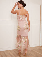 Petite Peplum Floral Embroidered Lace Bodycon Dress in Pink
