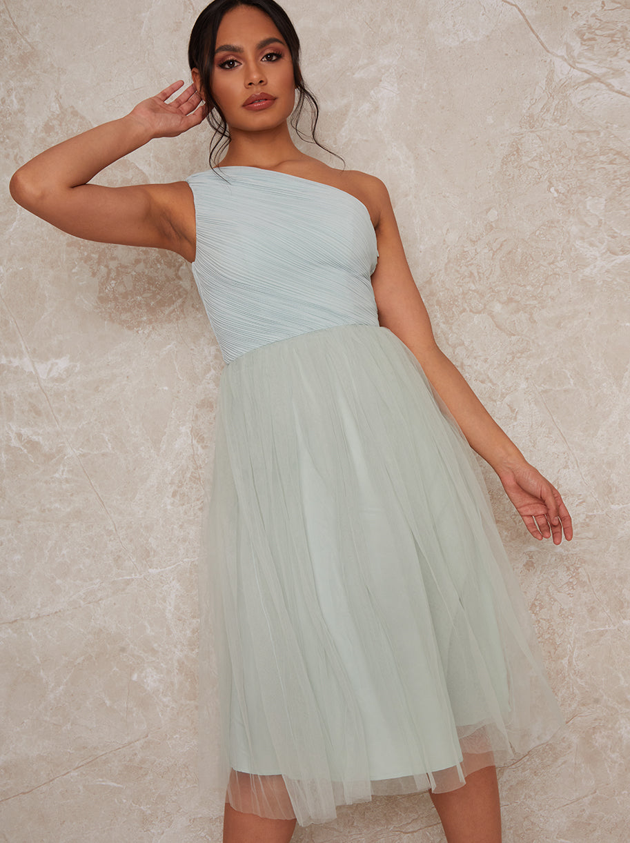 One Shoulder Tulle Skirt Midi Dress in Green