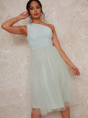 One Shoulder Tulle Skirt Midi Dress in Green