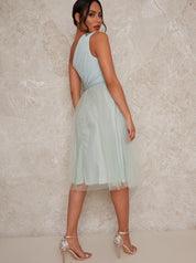 One Shoulder Tulle Skirt Midi Dress in Green