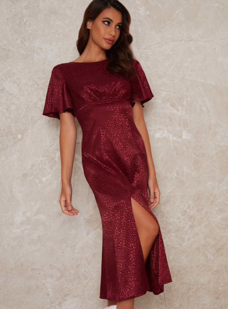 Angel Sleeves Bodycon Split Hem Midi Dress in Red