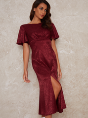 Angel Sleeves Bodycon Split Hem Midi Dress in Red
