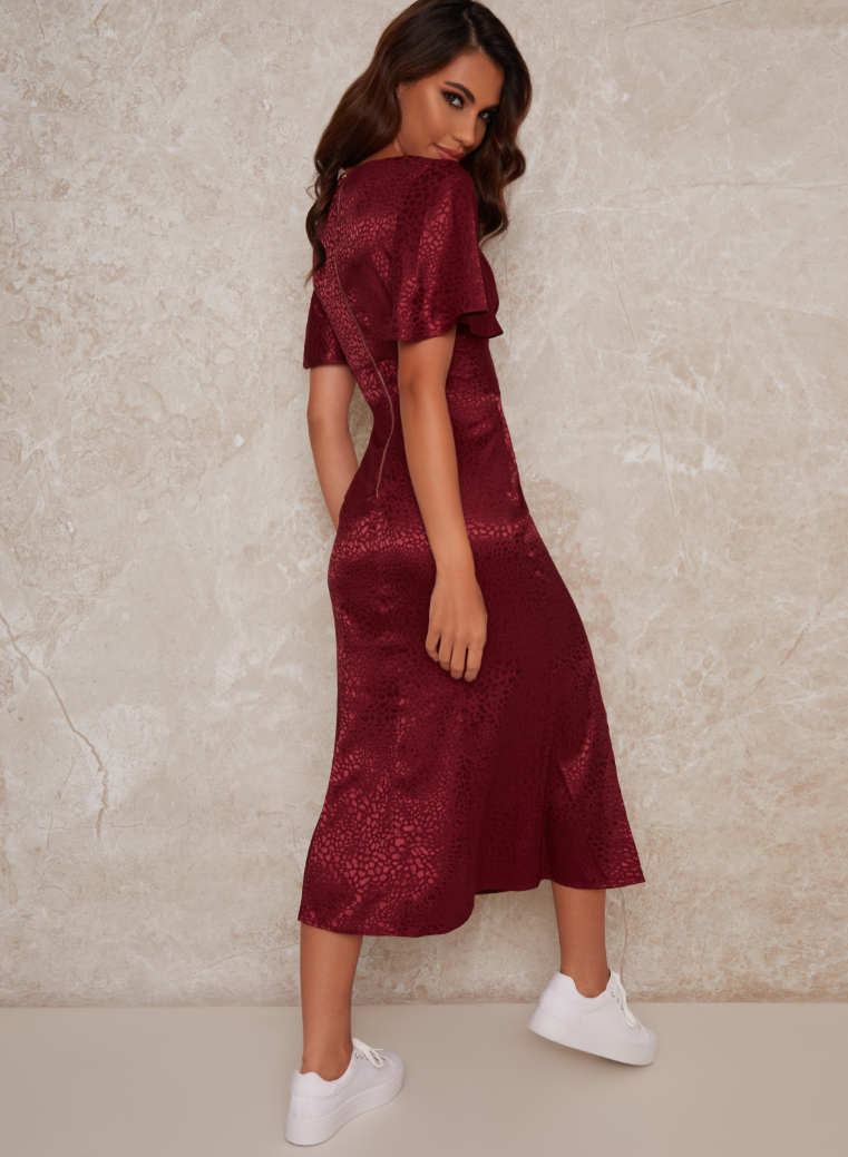 Angel Sleeves Bodycon Split Hem Midi Dress in Red