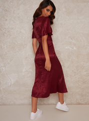 Angel Sleeves Bodycon Split Hem Midi Dress in Red