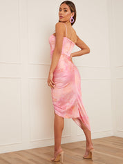 Corset Style Floral Print Ruched Midi Dress in Pink