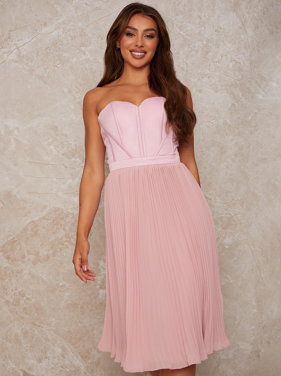 Corset Pleated Skirt Midi Dress in Pink