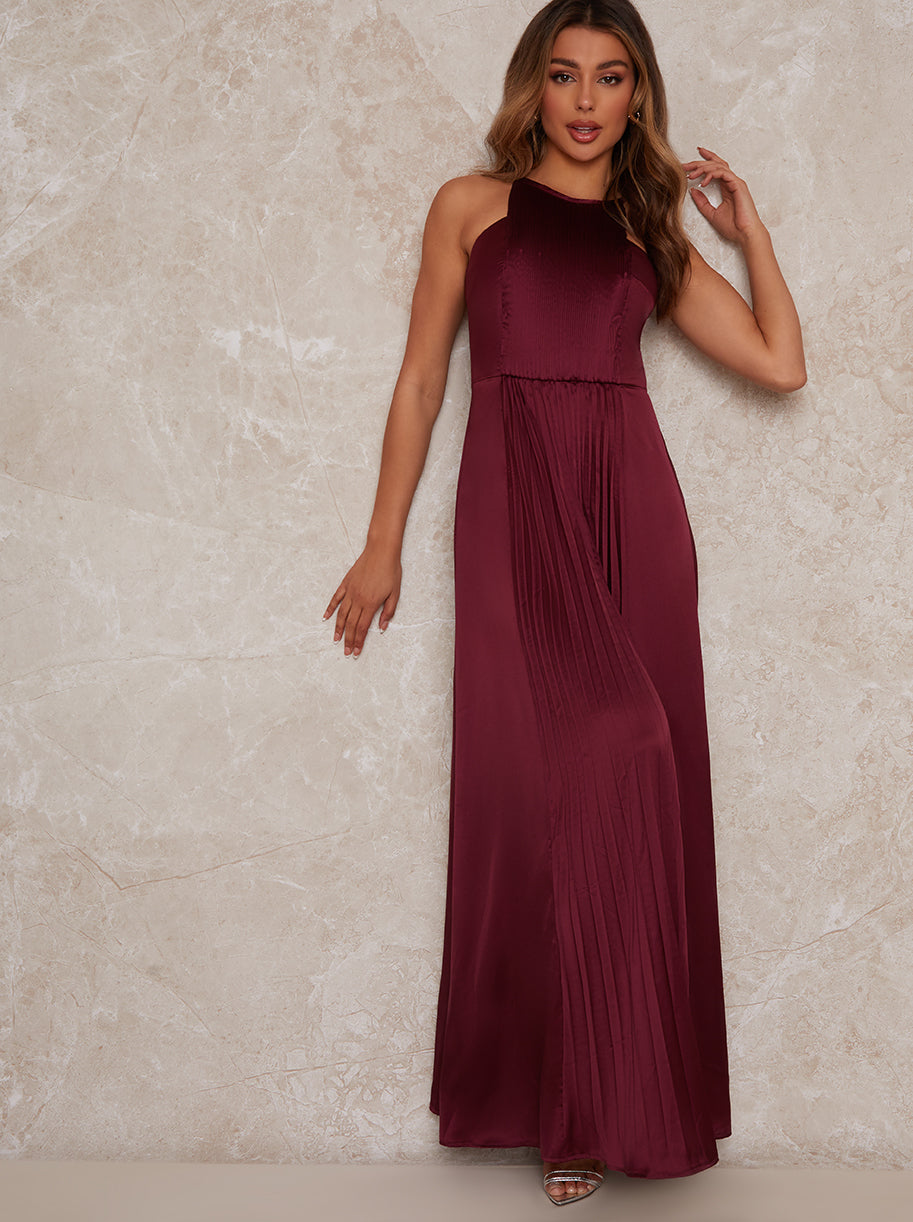 High Neck Satin Pleated Maxi Dress in Berry