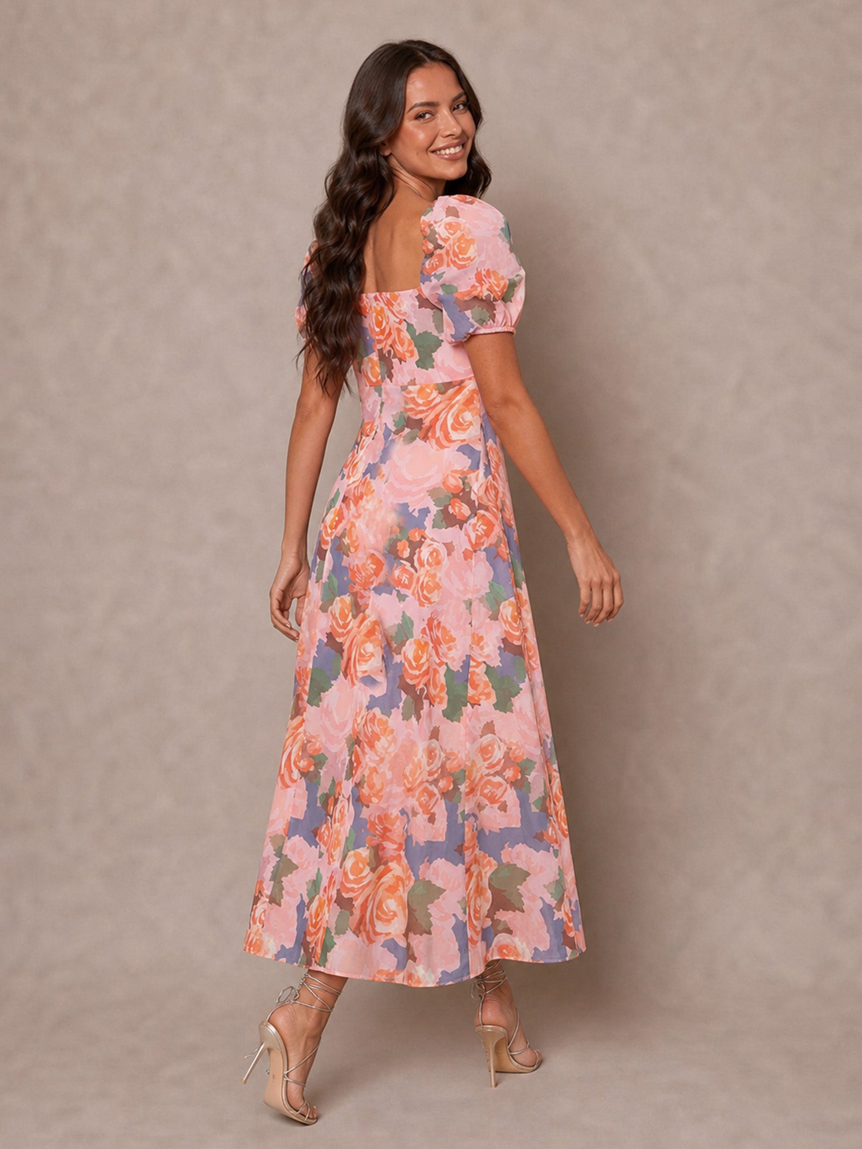Ruched Bust Floral Midi Dress in Pink