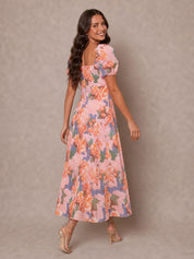 Ruched Bust Floral Midi Dress in Pink