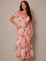 Ruched Bust Floral Midi Dress in Pink